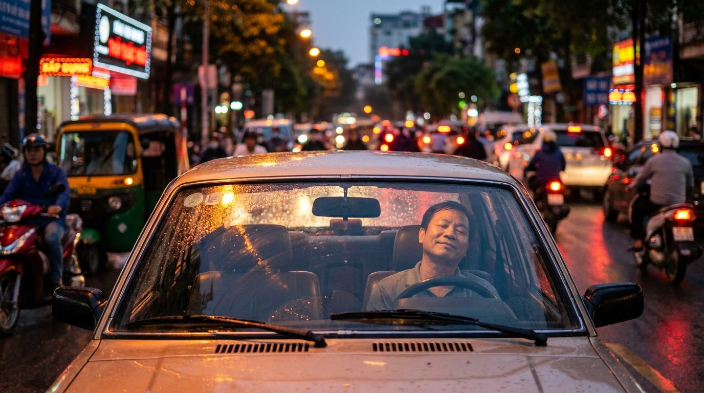 Người ngồi trong xe kẹt đường với vẻ bình thản, minh họa cho việc cùng hoàn cảnh nhưng tâm trạng khác nhau