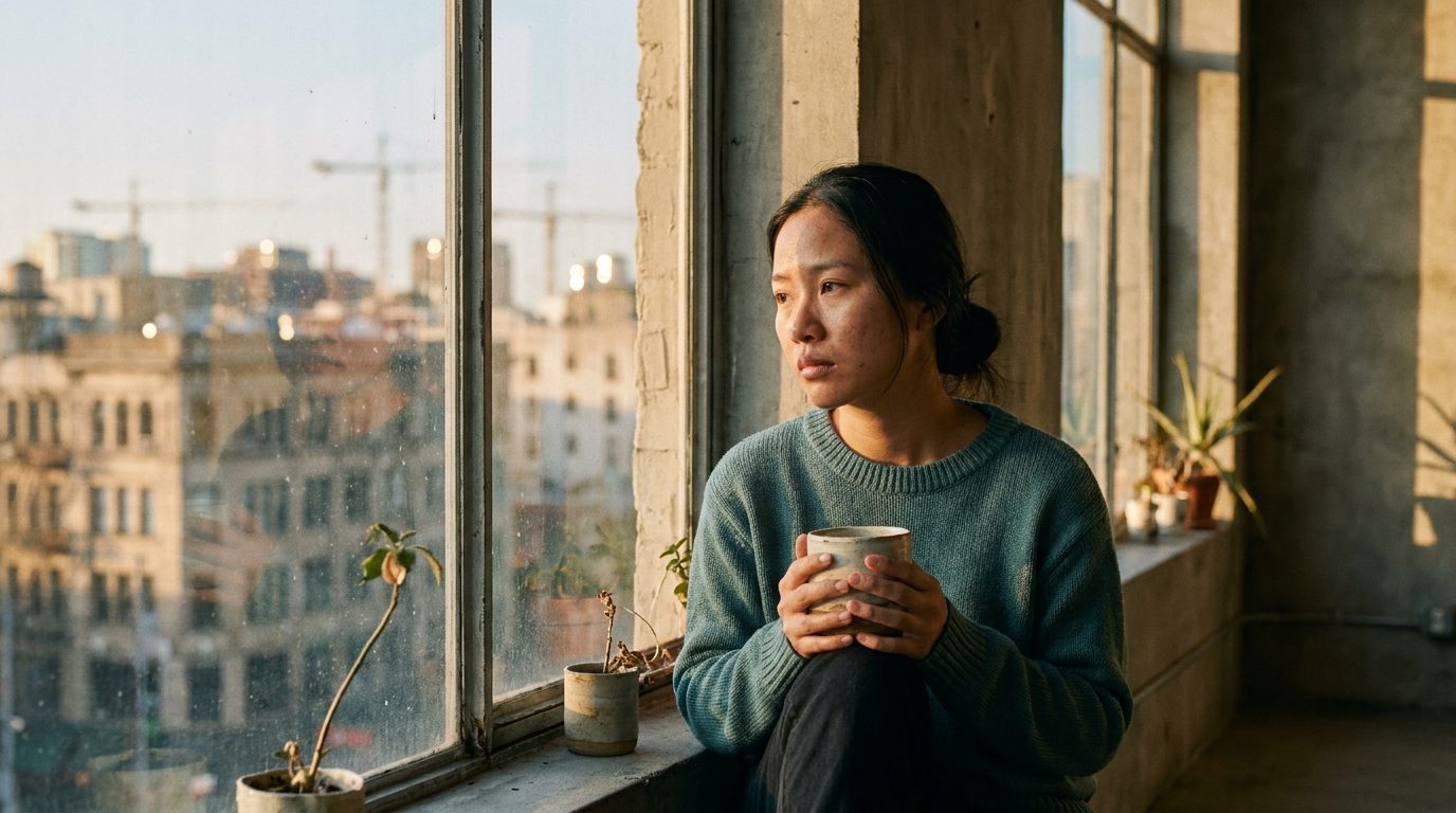 Người phụ nữ ngồi bên cửa sổ, ánh sáng vàng buổi chiều, suy tư về tại sao con người khổ