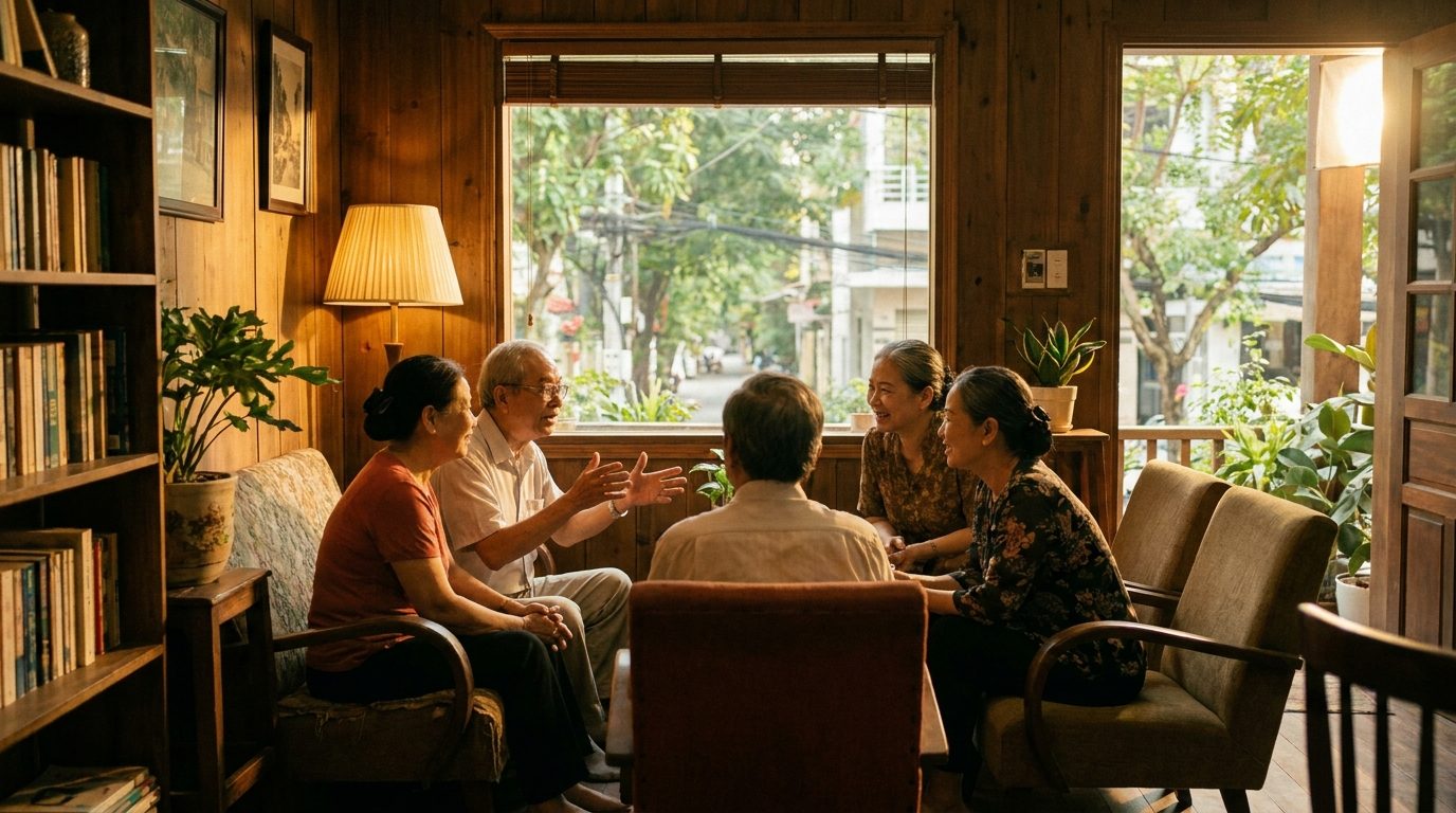 Nhóm người Việt Nam ngồi quây quần trong không gian yên tĩnh, ánh sáng vàng ấm, bầu không khí lắng nghe và chia sẻ