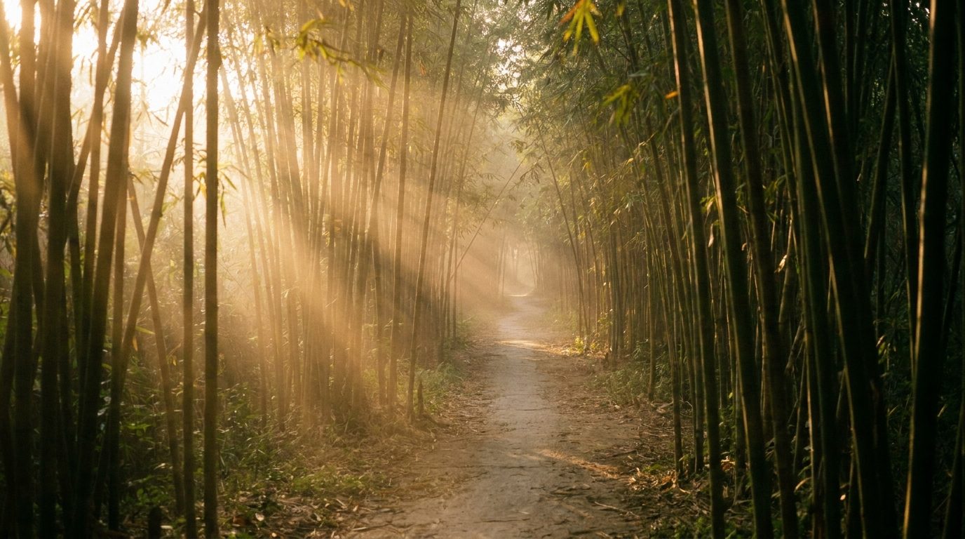 Con đường mòn xuyên rừng tre Việt Nam, ánh sáng vàng buổi sớm chiếu xuống lối đi, sương mù nhẹ, không gian yên tĩnh và rõ ràng