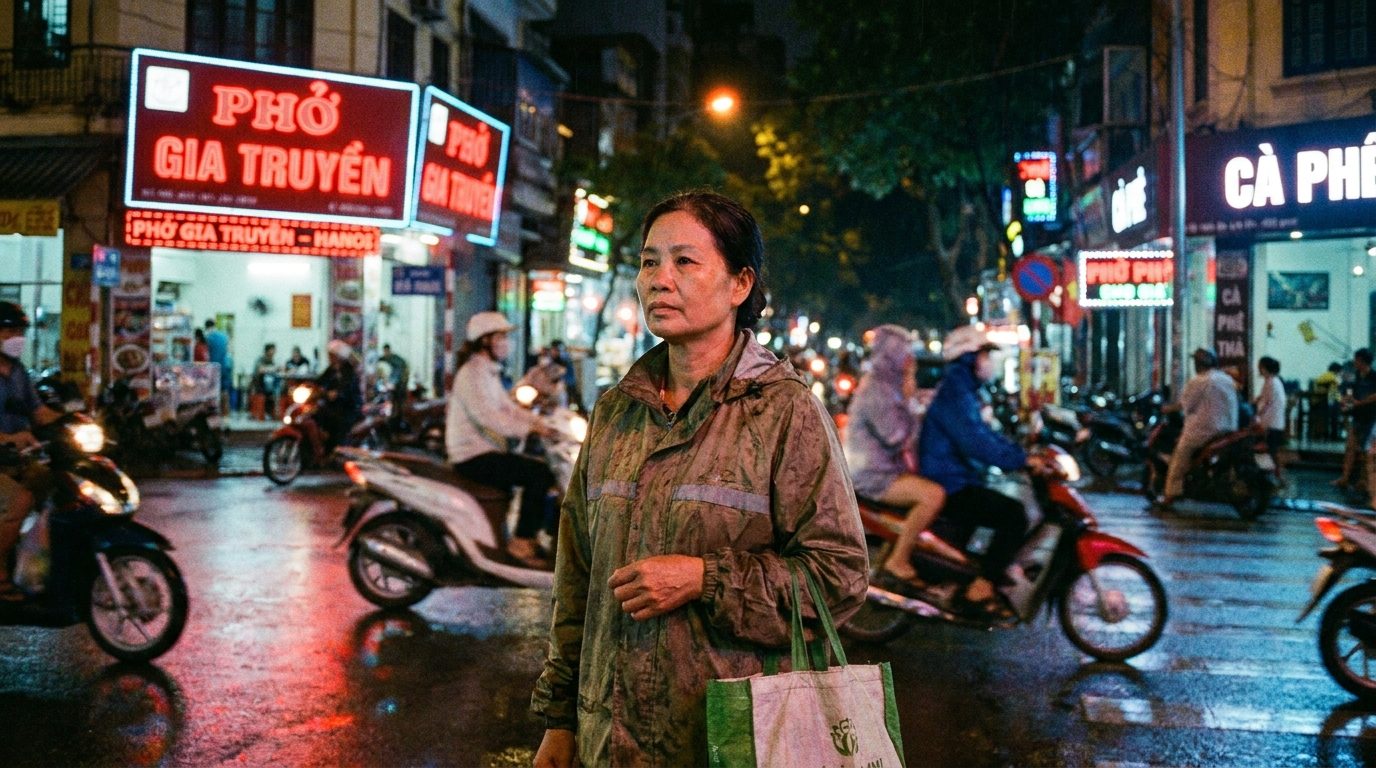 Người Việt Nam đứng giữa ngã tư đông đúc ban đêm, ánh đèn đô thị lung linh, biểu hiện mệt mỏi và tìm kiếm, cảm giác bị cuốn trong vòng quay