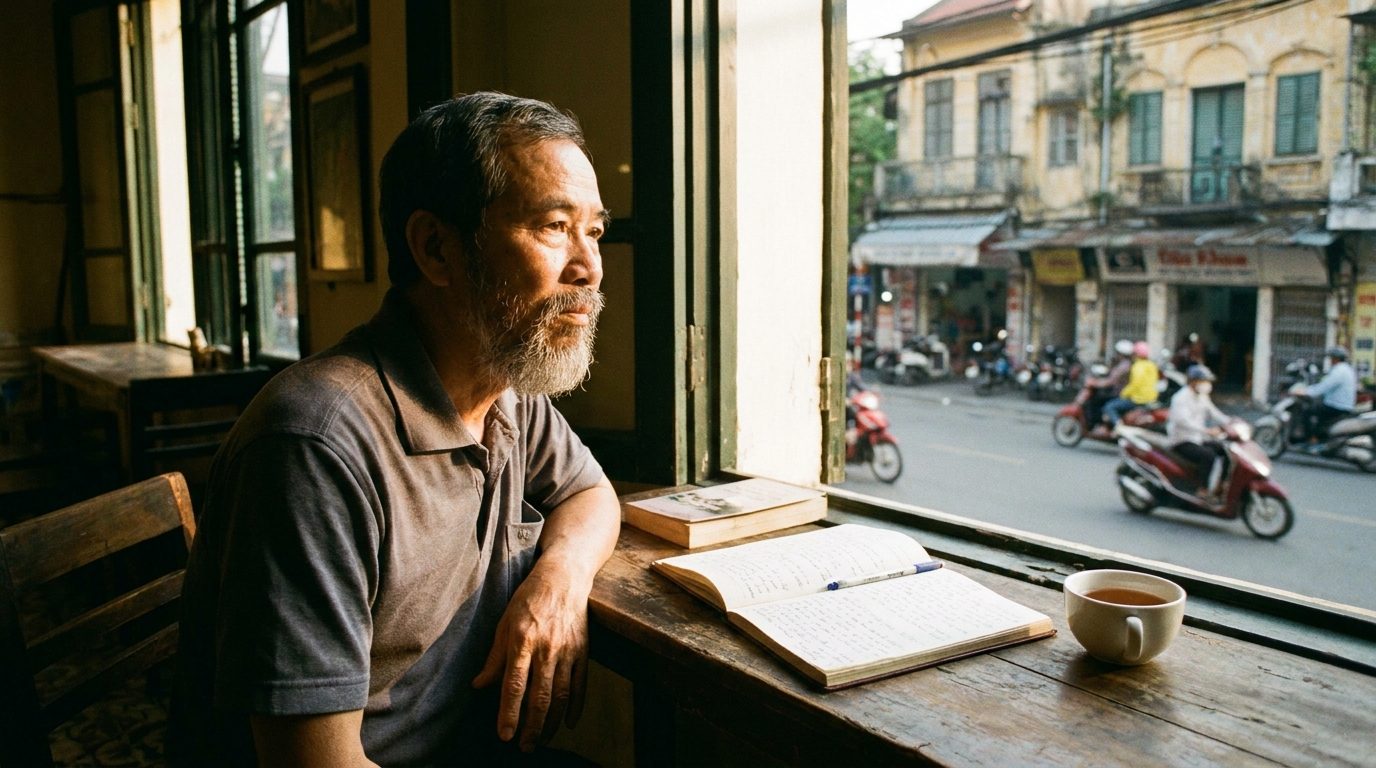 Người Việt Nam ngồi nhìn ra cửa sổ, ánh sáng bình minh chiếu vào, bản đồ hoặc cuốn sách mở trên bàn, vẻ mặt suy tư rõ ràng