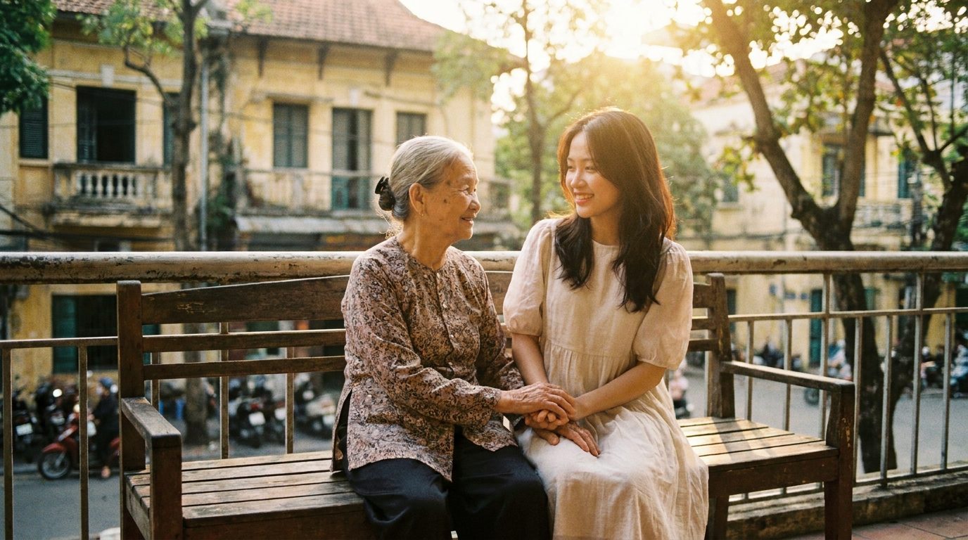 Người phụ nữ Việt Nam lớn tuổi và trẻ ngồi cạnh nhau, ánh sáng chiều ấm áp, vẻ mặt bình thản và yêu thương, gợi lên sự trân trọng khoảnh khắc hiện tại