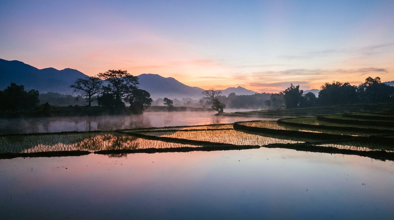 Bình minh trên cánh đồng lúa Việt Nam, ánh sáng vàng hồng lan rộng trên mặt nước, bầu trời đang chuyển từ tối sang sáng, không có người