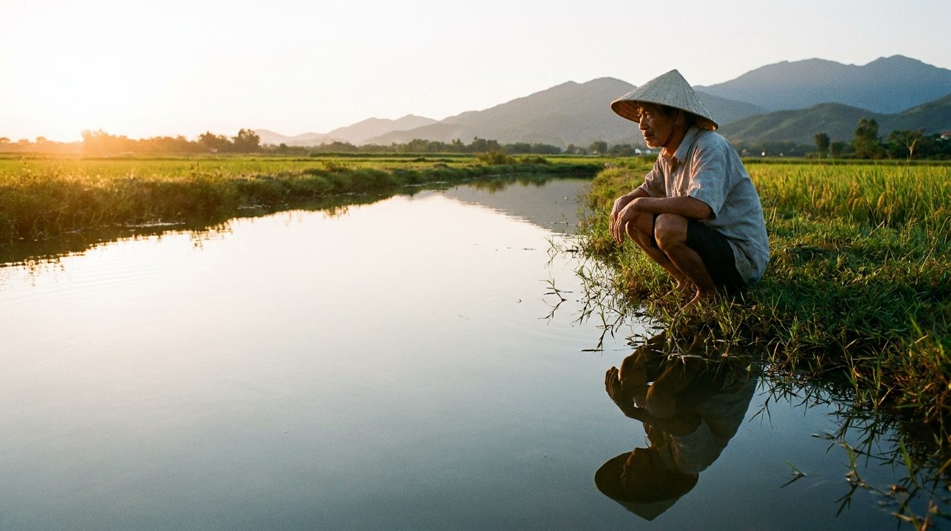 Hình ảnh nghệ thuật về bóng người tan vào ánh sáng, gợi lên sự vô ngã và bản chất vô thường của cái tôi trong Phật giáo