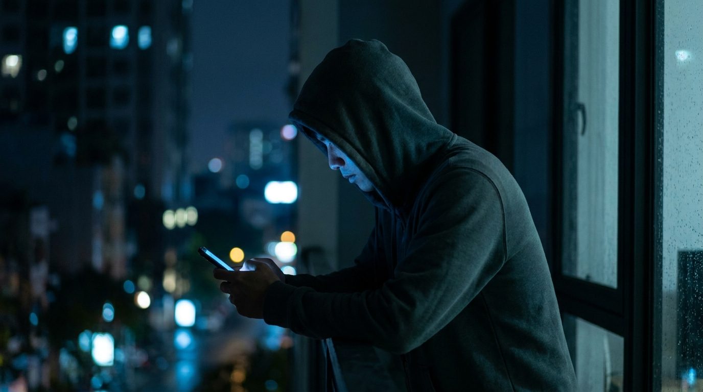 Bàn tay cầm điện thoại sáng trong bóng tối, ánh màn hình chiếu lên khuôn mặt mờ nhạt, gợi lên thói quen trốn tránh cảm xúc qua màn hình