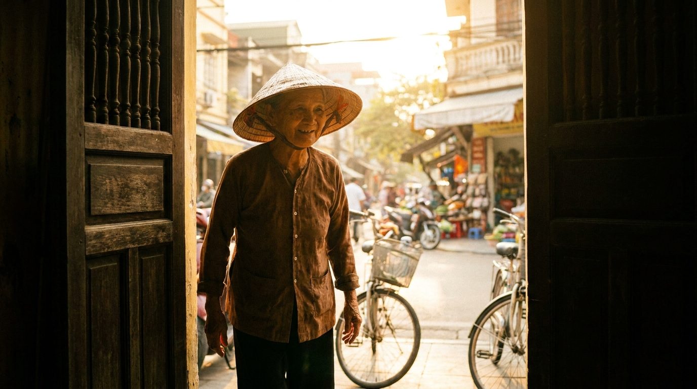 Người đang ngồi thiền trên đỉnh đồi lúc bình minh, bên dưới là làn sương mù bao phủ thung lũng, ánh sáng đầu ngày chiếu từ phía chân trời
