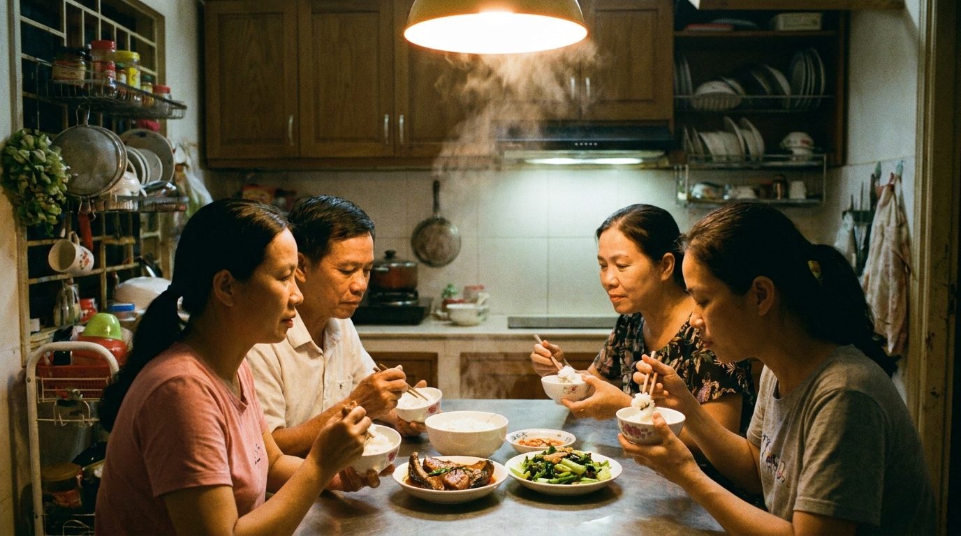 Bàn ăn gia đình Việt Nam buổi sáng với chén cơm, tách trà, và bàn tay người mẹ đặt nhẹ lên bàn — gợi lên sự hiện diện và chánh niệm trong khoảnh khắc đời thường