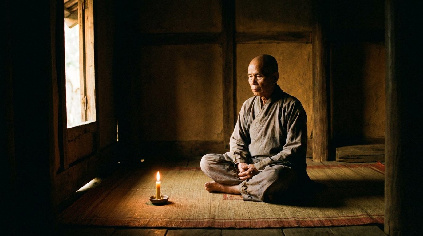 Người ngồi thiền nhẹ nhàng bên cửa sổ buổi sáng sớm với ánh nắng nhạt chiếu vào, tách trà bên cạnh, không khí bình yên và tập trung — thiền định trong đời thường
