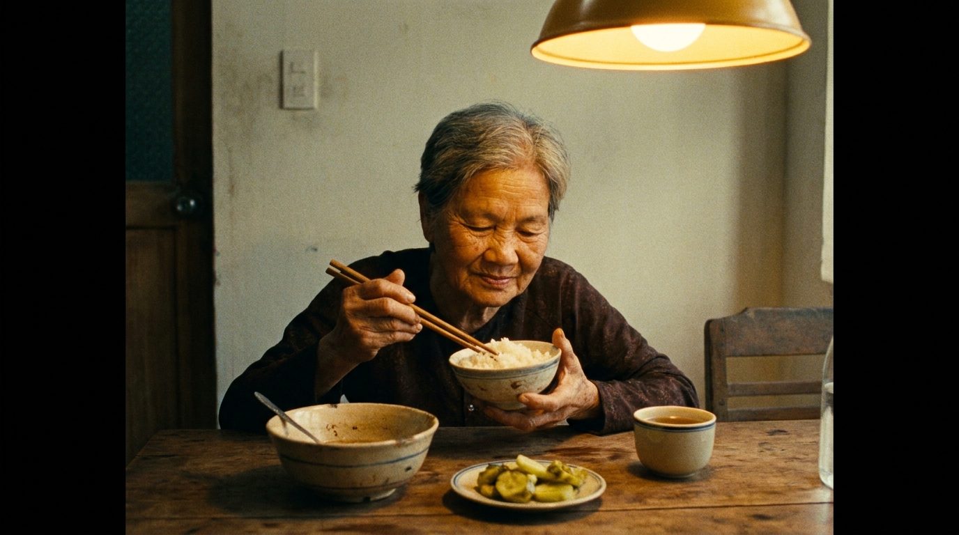 Một người ngồi ăn cơm một mình bên cửa sổ, không điện thoại, không màn hình — chỉ có bữa ăn và sự hiện diện