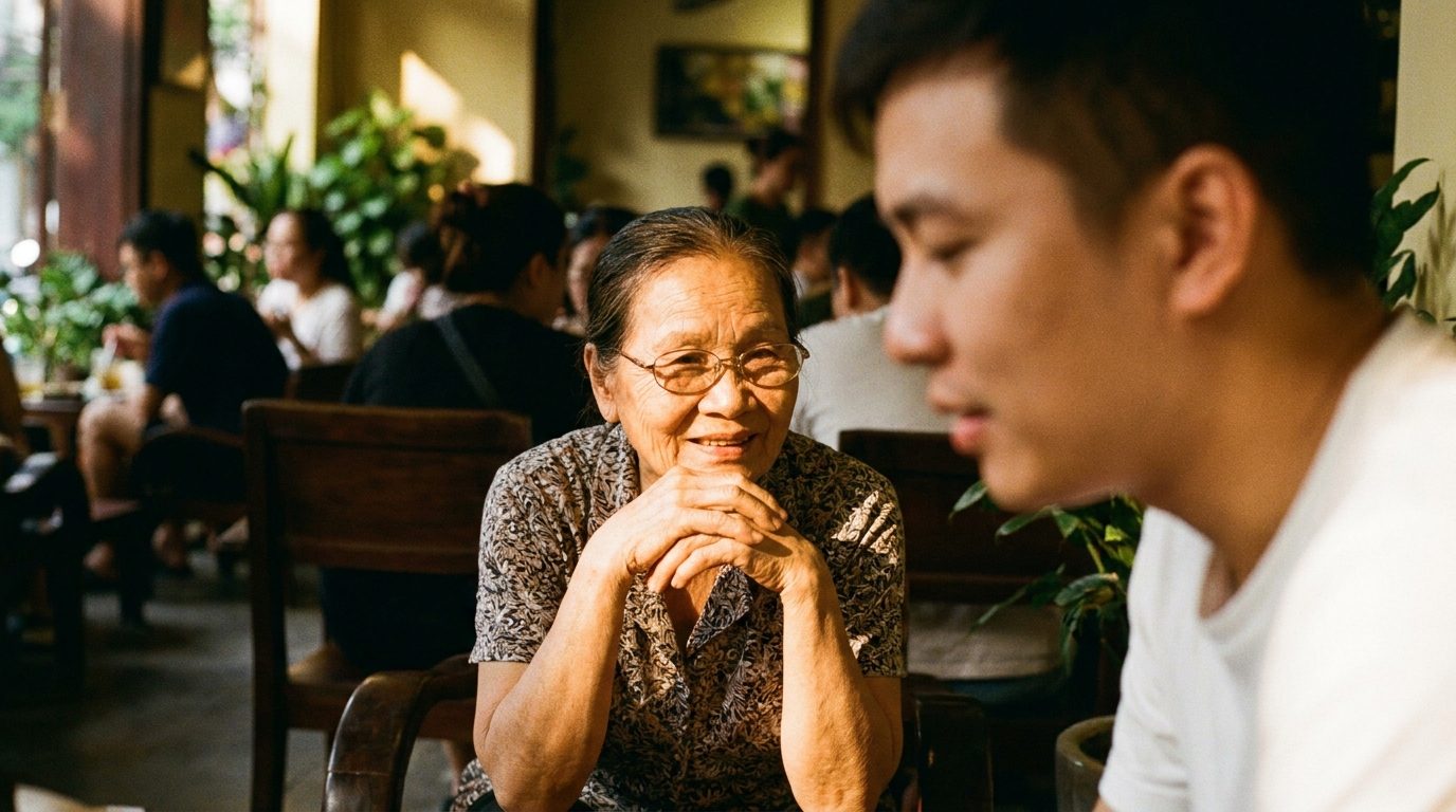 Hai người đang trò chuyện, người nghe nhìn thẳng vào người nói với sự chú tâm trọn vẹn — không điện thoại, không nhìn đi chỗ khác