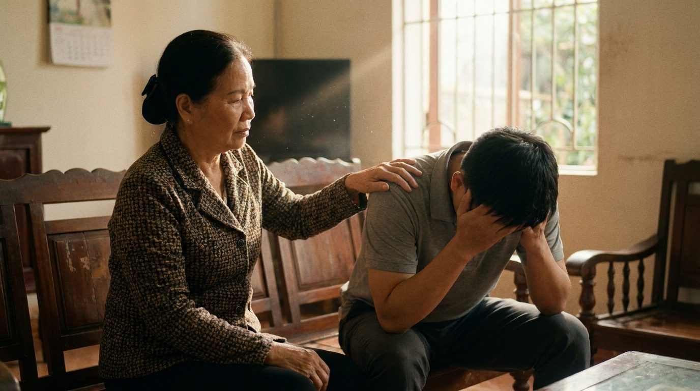 Hai người ngồi đối diện nhau trong không gian yên tĩnh, ánh mắt giao nhau — sự kết nối thực sự từ tâm Bi, không phán xét