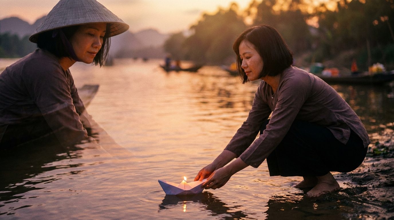 Bàn tay người Việt từ từ mở ra, thả chiếc lá vàng xuống dòng nước chảy — khoảnh khắc buông xả tự nguyện, không cưỡng ép