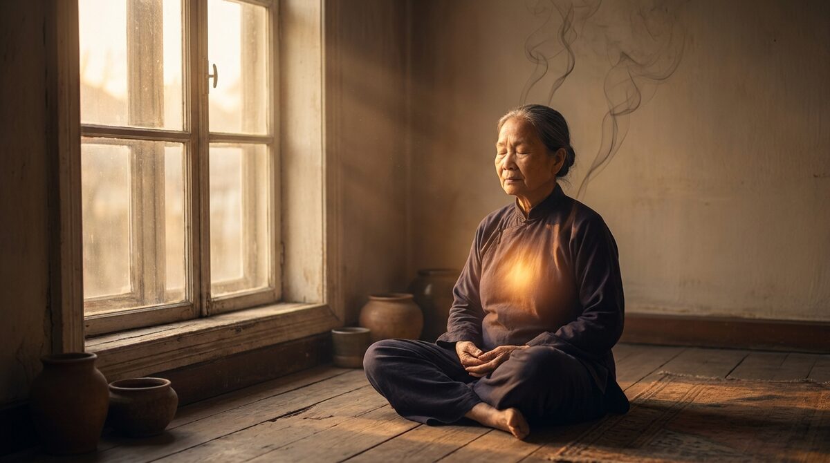 Người thiền bên cửa sổ bình minh, ánh sáng vàng tỏa từ bên trong — ba làn khói mỏng tan dần, biểu tượng ba độc mất đi sức mạnh khi Tuệ giác phát sinh
