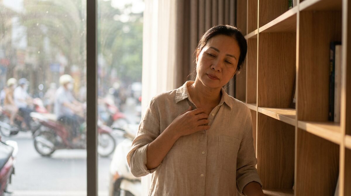 Người Việt Nam dừng lại trong khoảnh khắc giữa cảm giác phát sinh và phản ứng — tay đặt lên ngực, mắt khép nhẹ, đang tỉnh thức trong khoảng cách vàng giữa Thọ và Ái