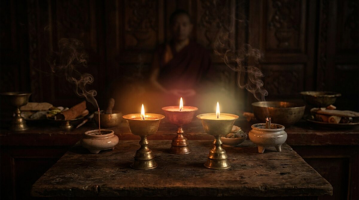 Ba ngọn đèn bơ Phật giáo xếp thành tam giác — biểu tượng của Tam Độc: lửa Tham, lửa Sân, lửa Si đang cháy trong tâm