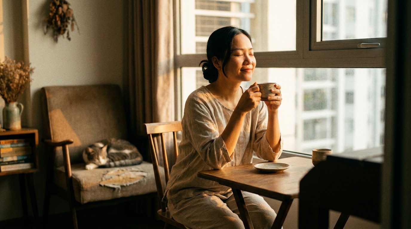 Người phụ nữ Việt Nam trong ánh sáng buổi sáng ấm áp, tách cà phê trên tay, hiện diện trọn vẹn trước khi ngày bắt đầu