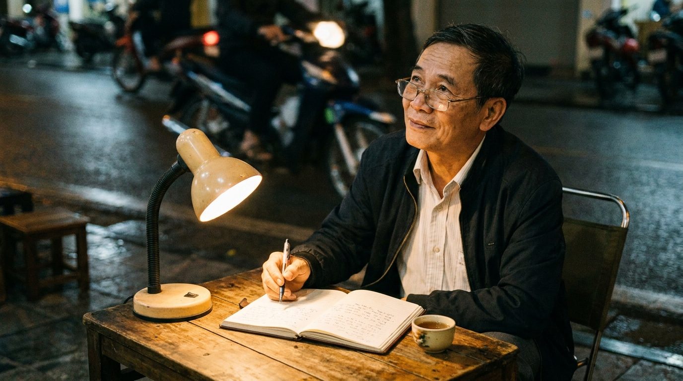 Người đàn ông Việt Nam viết nhật ký dưới ánh đèn vàng buổi tối — nhìn lại ngày qua với lòng biết ơn, không phán xét