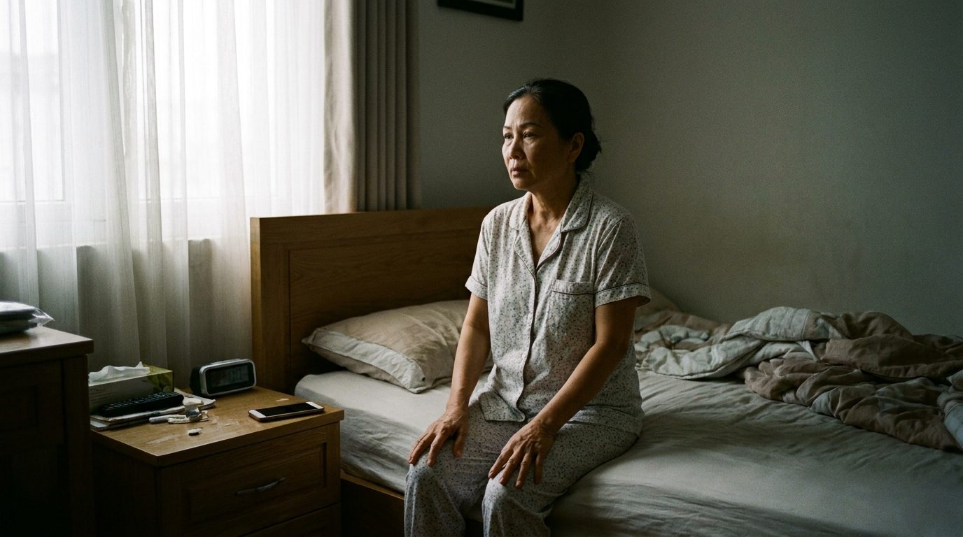 Người Việt Nam ngồi dậy từ giường trong ánh sáng ban mai — khoảnh khắc đầu tiên của ngày, trước khi điện thoại lên tiếng