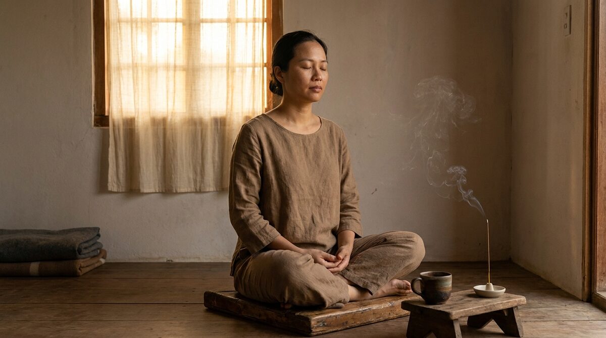 Người Việt Nam ngồi thiền trong căn phòng nhỏ giản dị — một nén hương, một tách trà, ánh sáng sớm mai — biểu tượng của thực hành bền vững không cần hoàn hảo