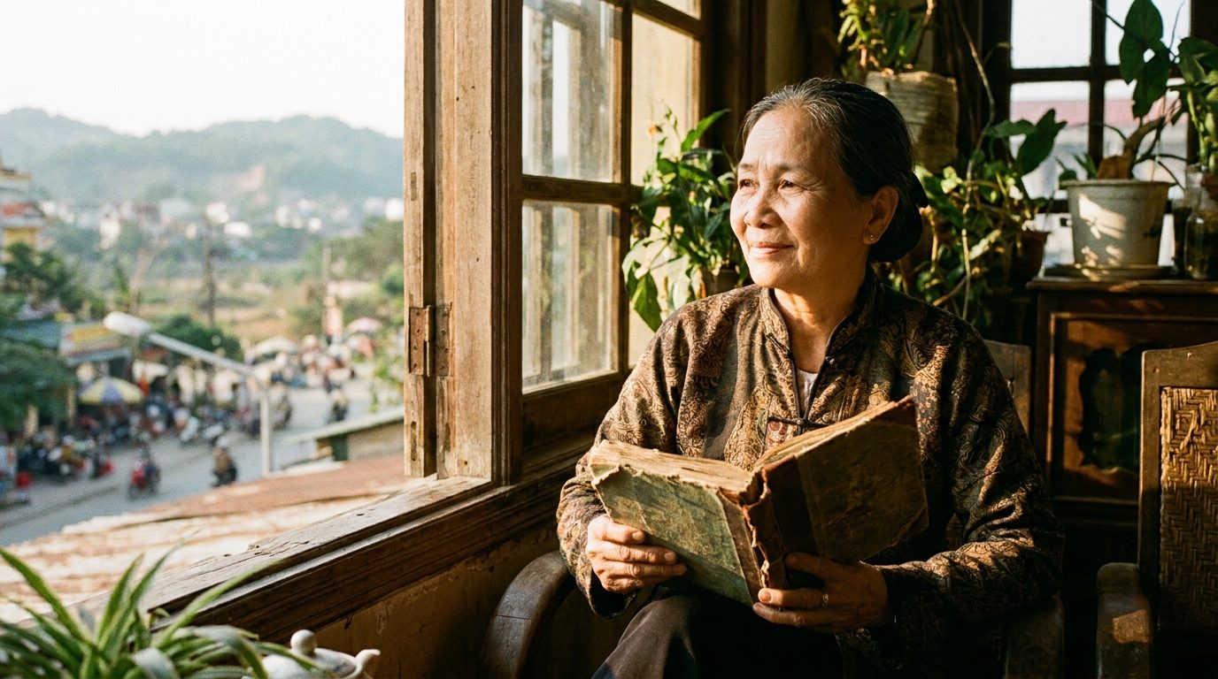 Người phụ nữ Việt Nam cầm cuốn nhật ký nhìn ra cửa sổ, ánh sáng vàng ấm — nhìn lại 21 ngày với lòng biết ơn và hướng nhìn về phía trước