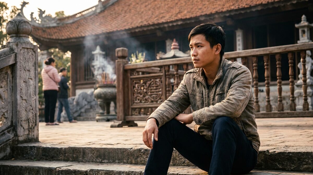 Người trẻ Việt Nam ngồi suy nghĩ trước cửa chùa — ranh giới giữa hình thức bên ngoài và cốt lõi thực sự của Phật giáo