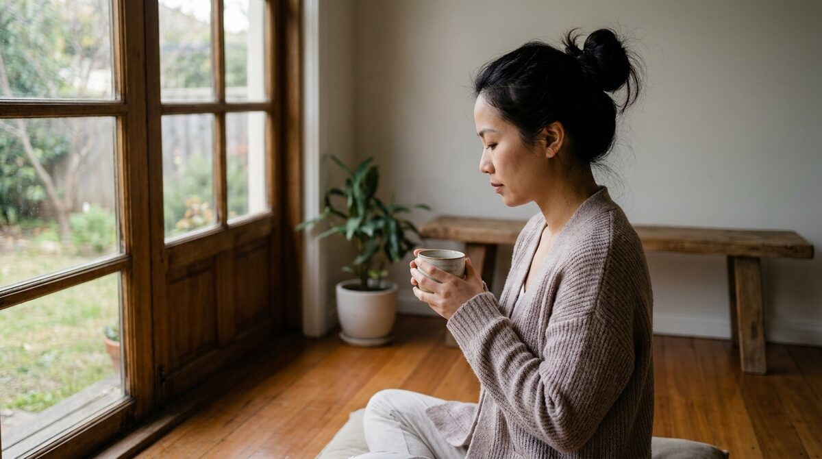 Người Việt Nam ngồi yên lặng bên cửa sổ với ánh sáng buổi sáng ấm áp — khoảnh khắc dừng lại và đặt câu hỏi: Phật giáo thực sự là gì?
