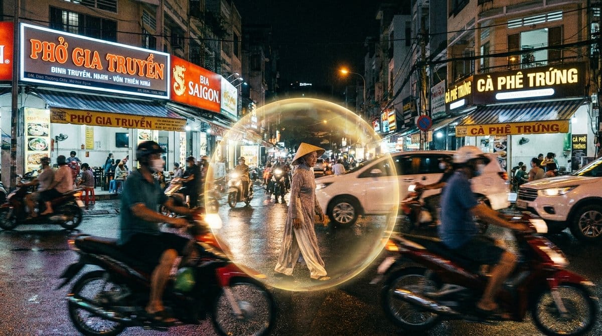 Bạn Không Cần Bỏ Việc Lên Chùa — Phật Pháp Nằm Ngay Trong Ngày Bận Rộn 2 Người thiền hành trên đường phố đông đúc giữ tâm tĩnh lặng