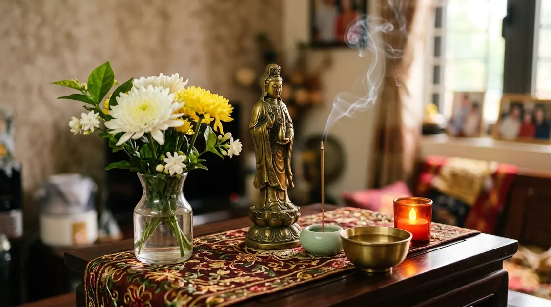 Cách Tụng Chú Đại Bi Đúng Pháp: Hướng Dẫn Từng Bước Cho Người Mới 2 Bàn thờ tại gia với hoa, hương, nến – chuẩn bị trước khi tụng Chú Đại Bi