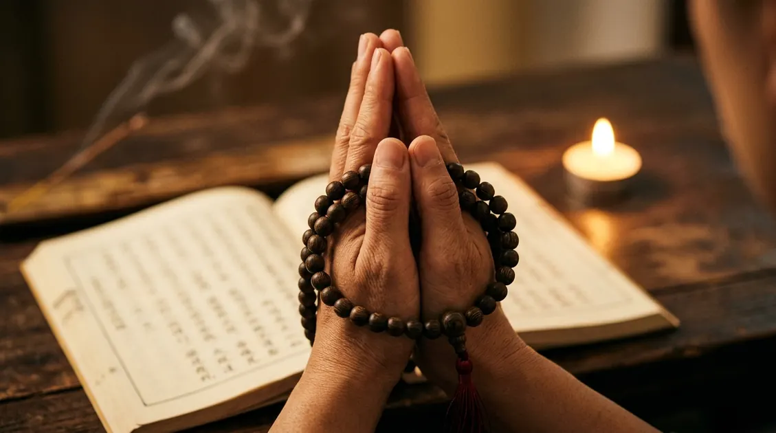 Chú Đại Bi Toàn Văn: 84 Câu Phiên Âm Hán-Việt Đầy Đủ (Bản Chuẩn) 2 Tay cầm chuỗi hạt và kinh Chú Đại Bi – chuẩn bị tụng niệm
