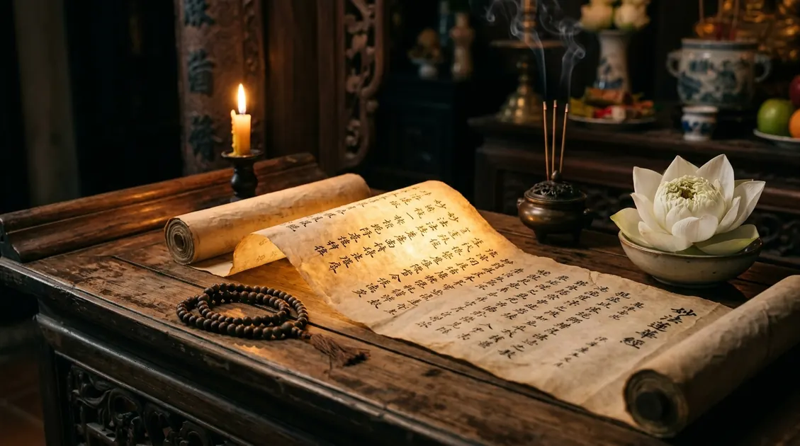 Chú Đại Bi Toàn Văn: 84 Câu Phiên Âm Hán-Việt Đầy Đủ (Bản Chuẩn) 1 Cuộn kinh Chú Đại Bi trên bàn thờ – phiên âm 84 câu đầy đủ