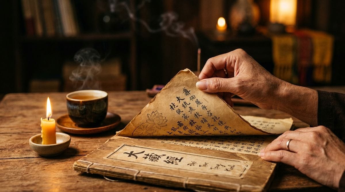 Phật Pháp Vô Biên — Không Biết Bắt Đầu Từ Đâu? Đọc Bài Này 3 Bàn tay mở trang đầu cuốn kinh Phật bên tách trà và nến - bước đầu tiên bình yên trong hành trình học Phật