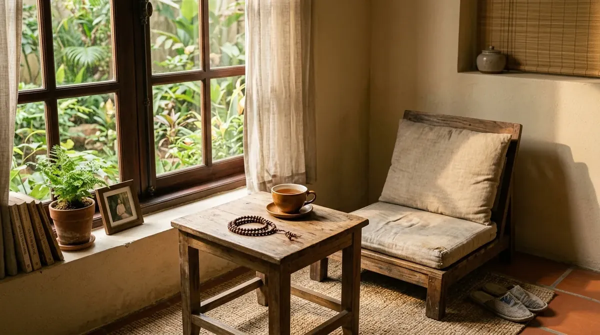 Niệm Phật A Di Đà Thế Nào Cho Đúng — Đếm Số Hay Nhất Tâm? 1 góc nhỏ yên tĩnh trong nhà để ngồi niệm Phật A Di Đà buổi sáng