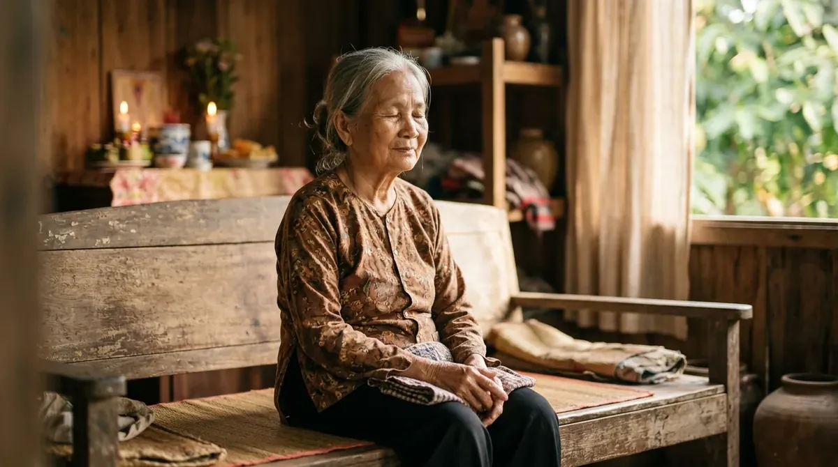 người ngồi an tĩnh trong ánh sáng dịu gợi cõi Cực Lạc trong tâm