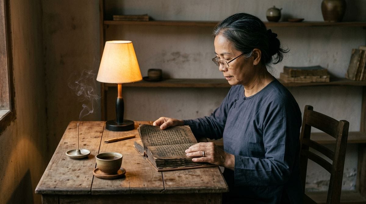 Cúng Bái Có Phải Phật Giáo Không? Ranh Giới Mà Người Học Phật Cần Biết 1 Người Việt ngồi đọc kinh Phật dưới ánh đèn ấm - tìm về giáo lý gốc thay vì nghi lễ bề ngoài