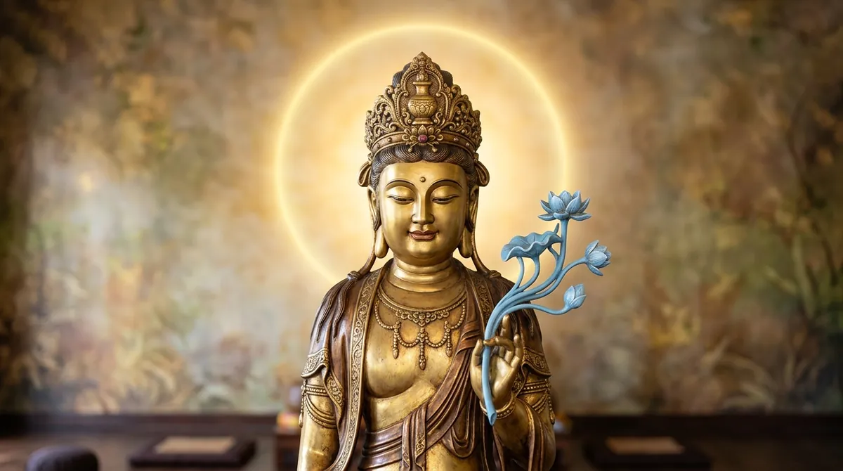 Tây Phương Tam Thánh Là Ai? Ba Vị Trên Bàn Thờ Bạn Chưa Gọi Đúng Tên 3 tôn tượng Bồ Tát Đại Thế Chí cầm cành sen xanh trong ánh sáng trí tuệ
