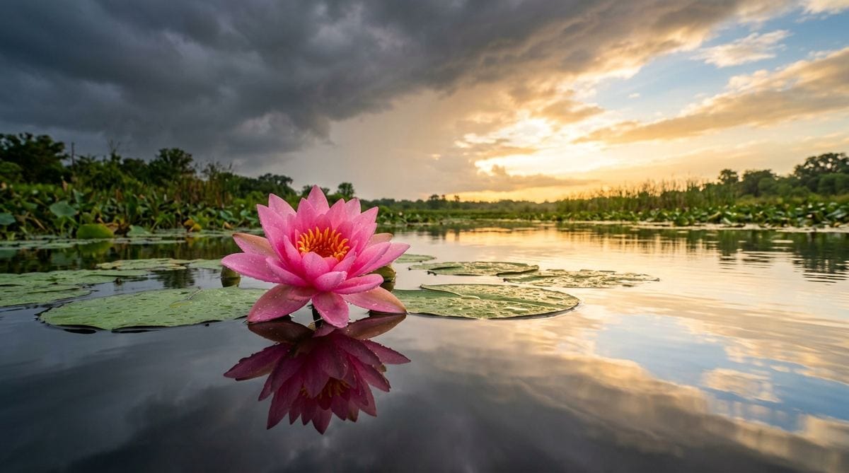 Đạo Phật Không Dạy "Đời Là Bể Khổ" — Và Đây Là Sự Thật Bạn Cần Biết 1 Hoa sen hồng nở giữa mặt nước tĩnh sau mưa - Tứ Diệu Đế nhìn đời thực tế chứ không bi quan