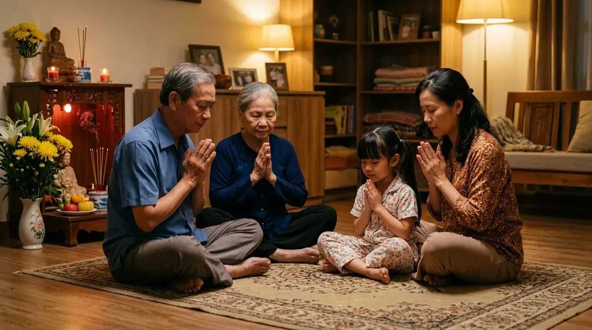 người thân ngồi bên nhau niệm Phật nhẹ nhàng trong căn phòng ấm áp