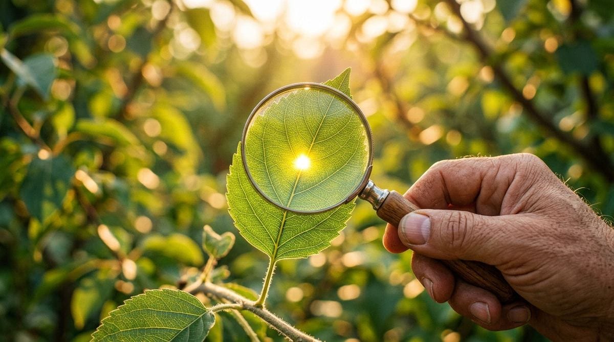 Thiền Định Là Gì? Không Phải Ngồi Im Không Nghĩ Gì Như Bạn Đang Nghĩ 2 Bàn tay cầm kính lúp quan sát lá - ẩn dụ cho thiền định là quan sát rõ bên trong, không phải trống rỗng đầu óc