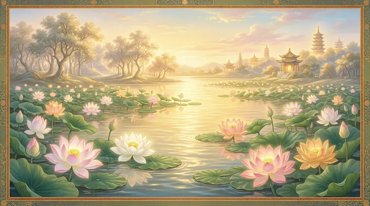 Kinh Vô Lượng Thọ: Bản "Phóng To" Của Kinh A Di Đà 2 ánh sáng vàng và hoa sen gợi cõi Cực Lạc trong Kinh Vô Lượng Thọ