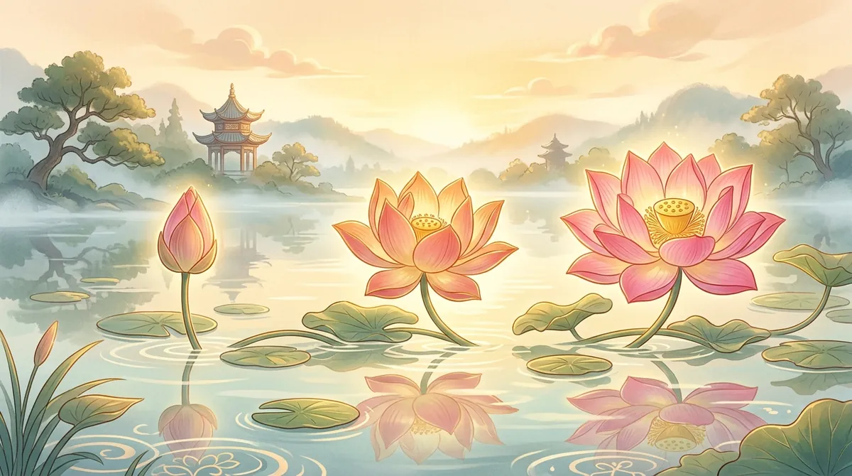 Kinh Vô Lượng Thọ: Bản "Phóng To" Của Kinh A Di Đà 3 ba đóa sen nở ở ba mức khác nhau gợi ba bậc vãng sinh trong Kinh Vô Lượng Thọ