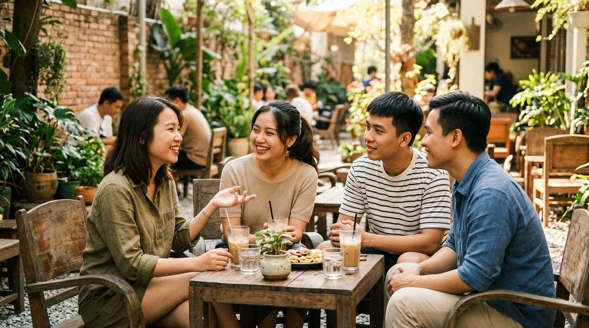 Phật Giáo Không Phải Chỉ Dành Cho Người Già — Đừng Đợi — Sự Thật Mà Nhiều Người Trẻ Chưa Biết 2 Nhóm bạn trẻ Việt Nam nói chuyện thực sự không nhìn điện thoại - học Phật pháp qua kết nối đời thường