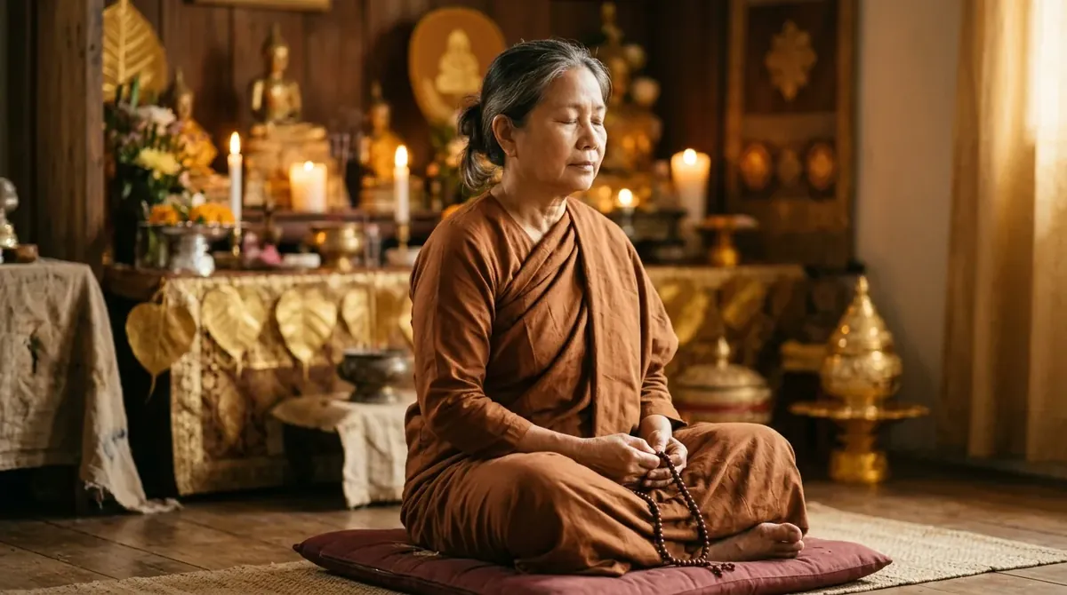 Niệm Phật A Di Đà Thế Nào Cho Đúng — Đếm Số Hay Nhất Tâm? 3 người ngồi nhắm mắt niệm Phật gương mặt an tĩnh trong ánh sáng dịu