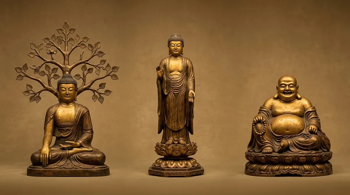 Phật A Di Đà Là Ai — Và Vì Sao Hàng Triệu Người Niệm Danh Ngài? 2 ba tôn tượng Phật A Di Đà Thích Ca và Di Lặc đặt cạnh nhau để so sánh
