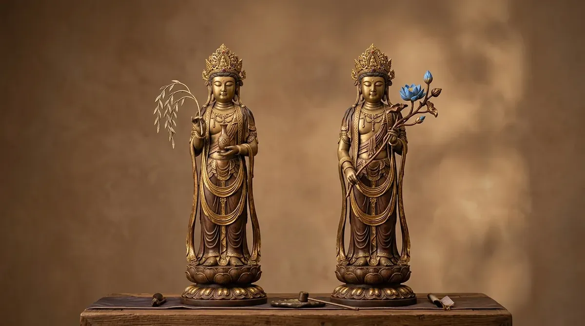 Tây Phương Tam Thánh Là Ai? Ba Vị Trên Bàn Thờ Bạn Chưa Gọi Đúng Tên 2 cách phân biệt Bồ Tát Quan Thế Âm cầm tịnh bình và Đại Thế Chí cầm cành sen