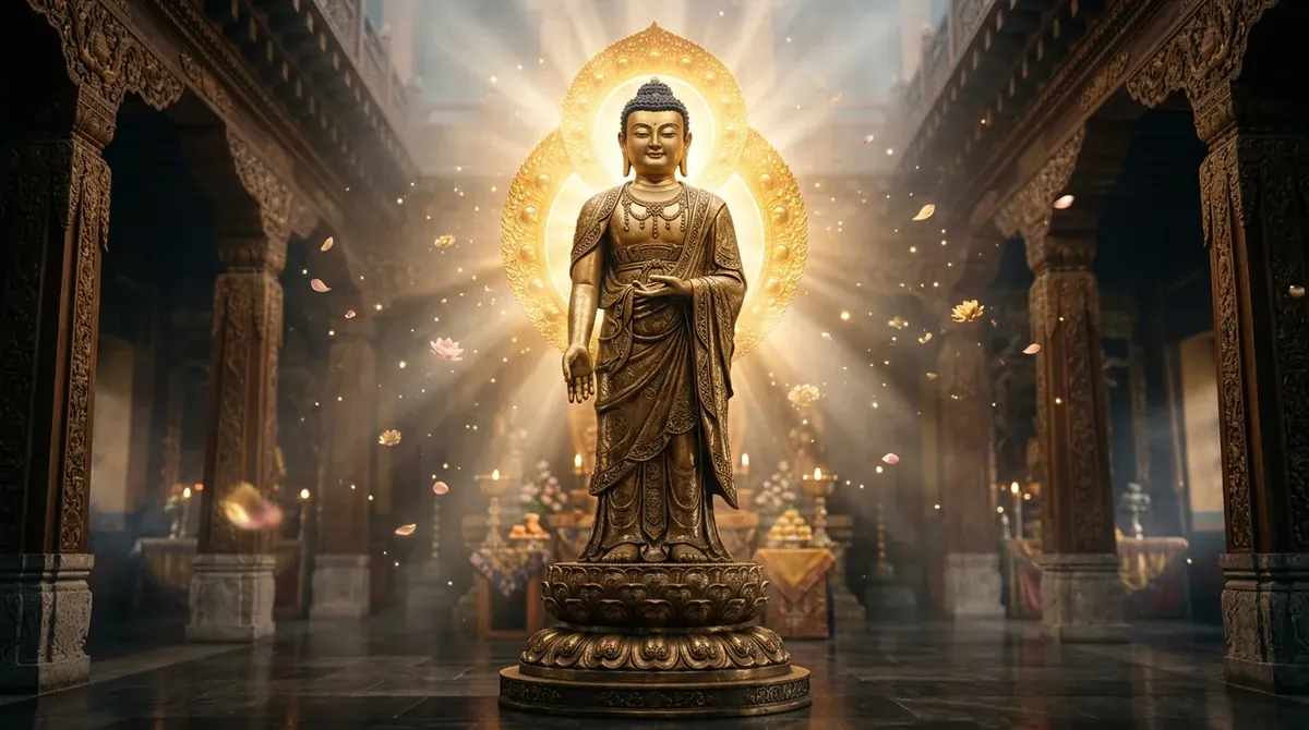 Phật A Di Đà Là Ai — Và Vì Sao Hàng Triệu Người Niệm Danh Ngài? 1 tượng Phật A Di Đà tay kết ấn đứng trên đài sen ánh sáng vàng dịu