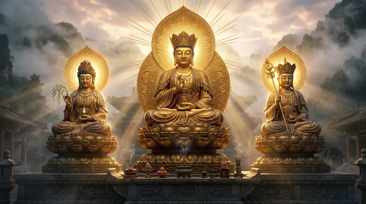 Tây Phương Tam Thánh Là Ai? Ba Vị Trên Bàn Thờ Bạn Chưa Gọi Đúng Tên 1 bộ tượng Tây Phương Tam Thánh gồm Phật A Di Đà Quan Thế Âm và Đại Thế Chí
