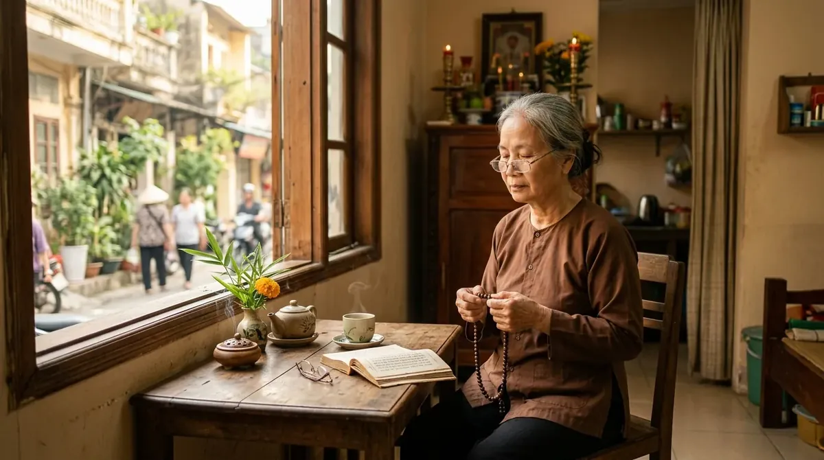 người ngồi bên cửa sổ lặng lẽ chiêm nghiệm trong ánh sáng dịu