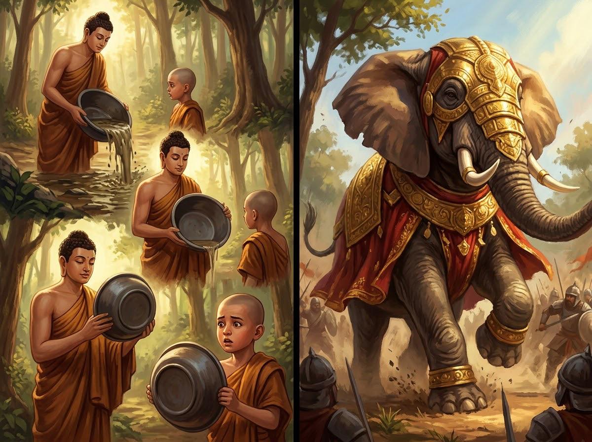 Đức Phật dùng ví dụ chậu nước và con voi trận dạy Tôn giả Rahula