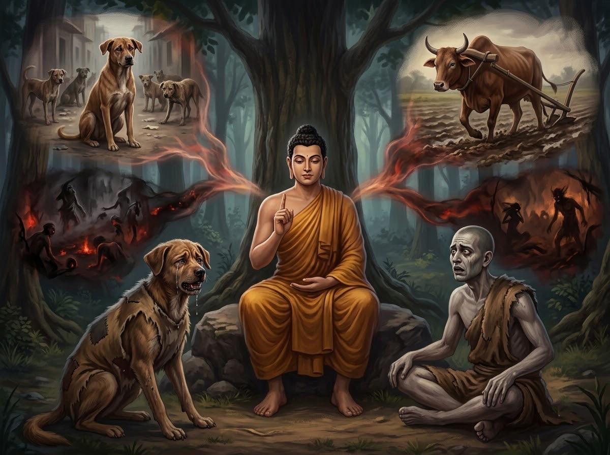 Tóm Tắt Kinh Hạnh Con Chó (Kinh Trung Bộ 57): Quả Báo Nghiệp 2 Đức Phật giải thích quả báo của việc tu tập hạnh con chó và hạnh con bò